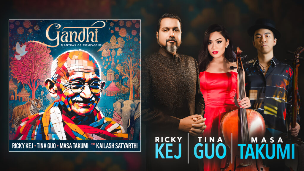 The promo artwork for Gandhi – Mantras of Compassion encapsulates the album's profound spirit, weaving together the iconic wisdom of Gandhi with the contemporary brilliance of artists like Ricky Kej, Tina Guo, and Masa Takumi – a collaborative labour of love uniting over 200 musicians from five continents